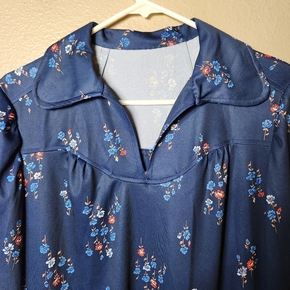 Vintage 70s Elongated Peter Pan Collar Navy Floral Long Sleeve Maxi Boho Dress-S - Picture 3 of 11